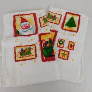 2 Christmas Dish Kitchen Towels Santa Sleigh Tree Wreath Traditional Americana